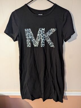 MICHAEL Kors Black Tee with Leopard MK Logo Women's Size Small Short Sleeve